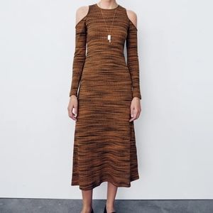 Zara Knit Tortoise Cold Shoulders Midi Dress Long Sleeves A-Line Size Small